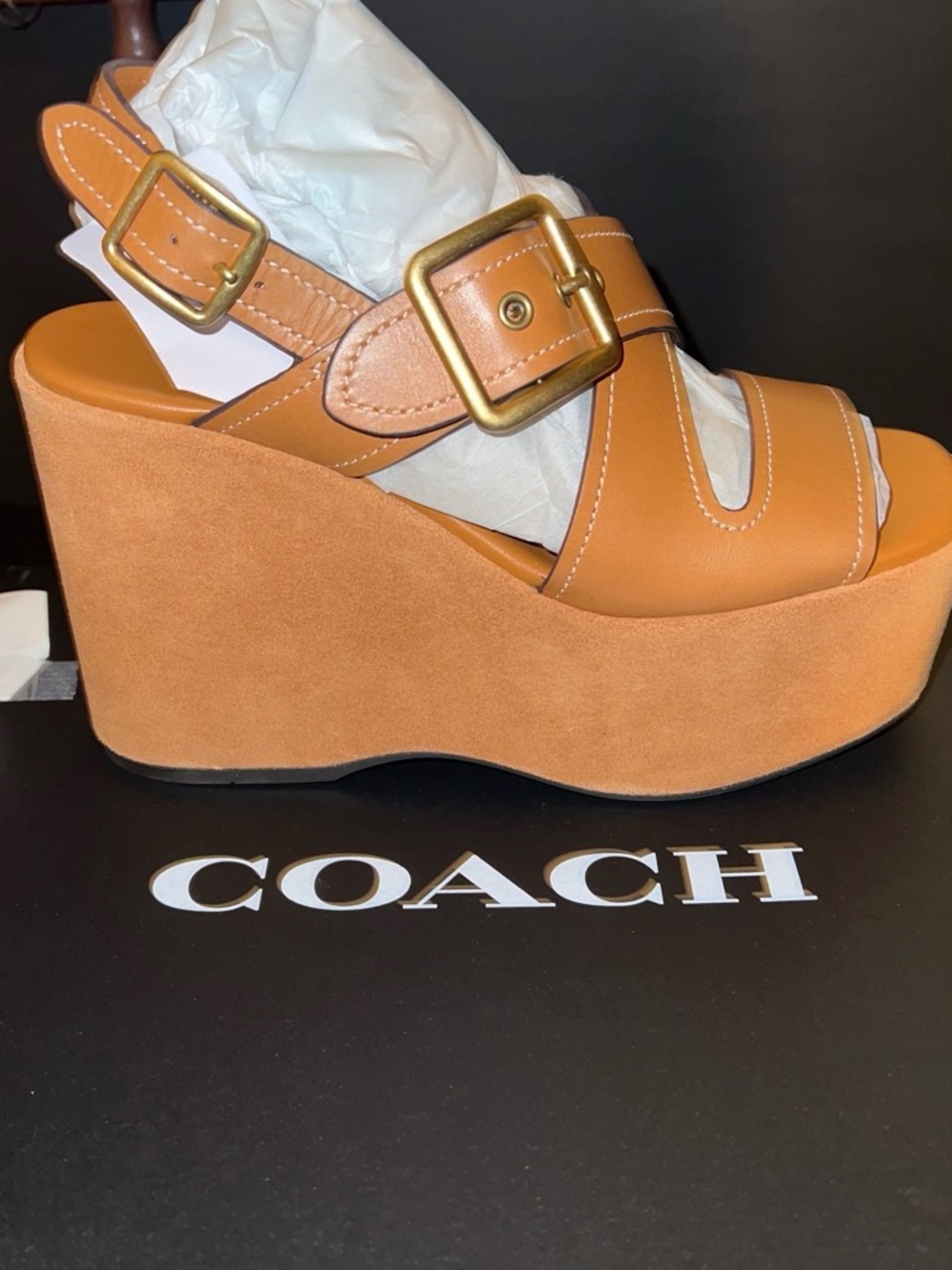 COACH Cognac Leather Suede Platform Wedge Sandals with Buckle